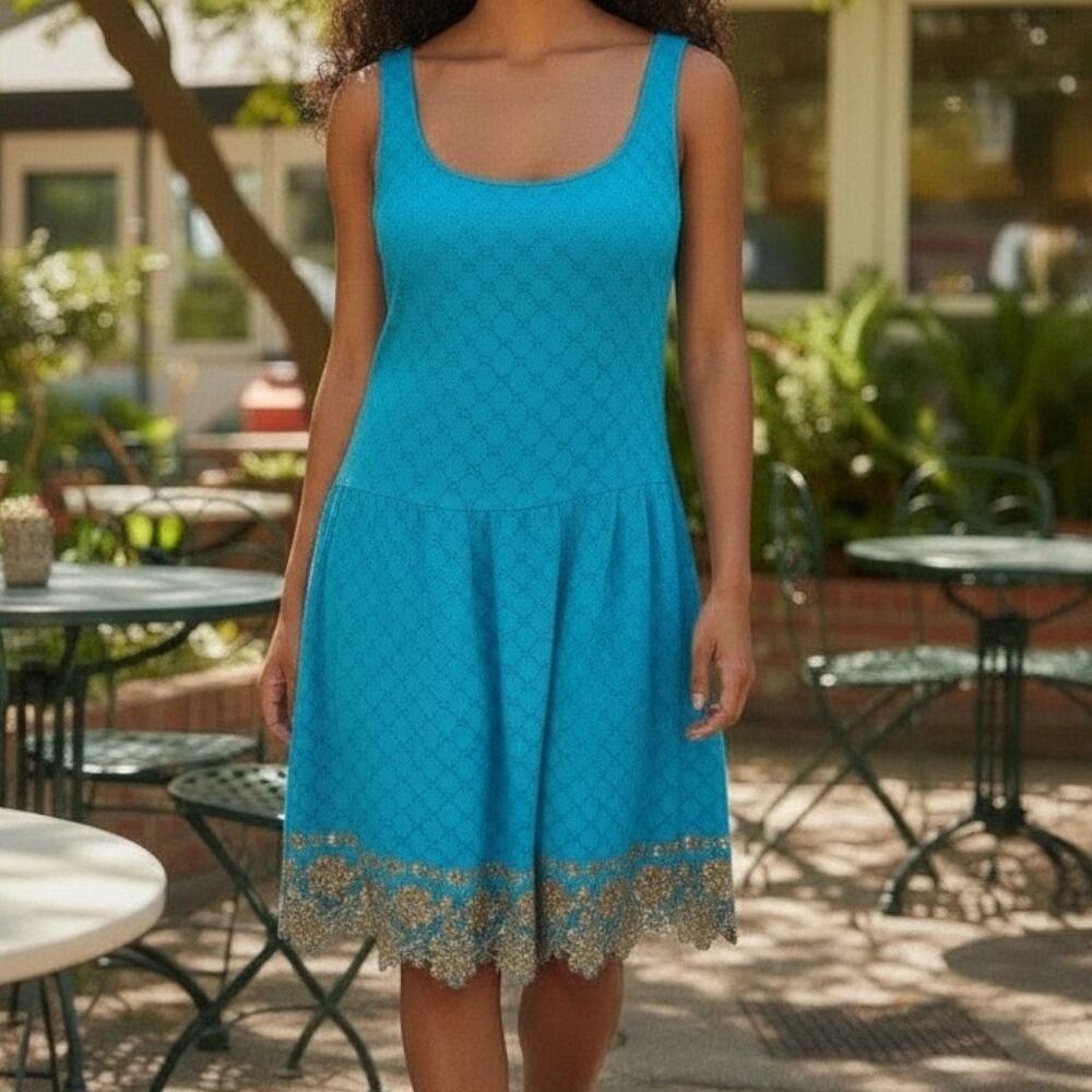 Lily Pulitzer Turquoise Blue Dress‎ Sleeveless A Line Gold Lattice Zip up Sz 6